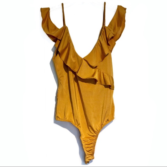 🖤EUC - Golden Satin-like Bodysuit with Bétails - Picture 1 of 3